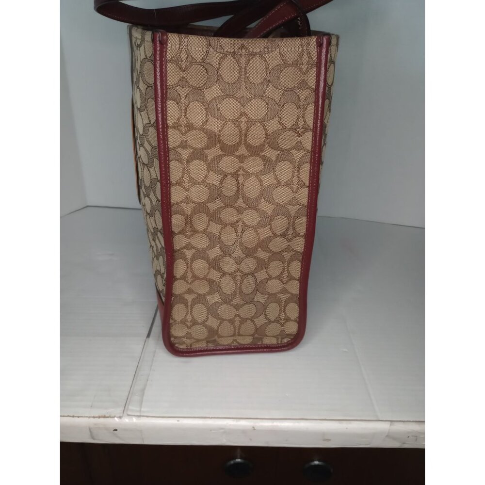 Coach Signature Stripe Canvas & Leather Tote Bag With Yellow Logo Accent - Picture 7 of 10